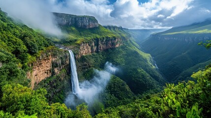 Fototapeta premium Majestic waterfall cascading down cliffs, lush green valley, misty mountains, travel background