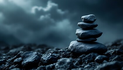 zen, stones, asymmetrical, stack, sharp, jagged, edges, weathered, surfaces, volcanic, rock, base, rugged, storm, clouds, dark, dramatic, powerful, atmosphere, hyperrealistic, detail, serene, tranquil