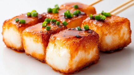 Delicious Crispy Fried Tofu Skewers with Sauce and Green Onion Garnish. Generative AI