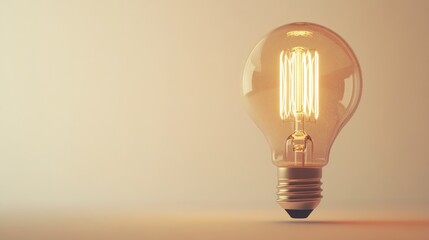 Glowing Edison bulb, idea concept, beige background, innovation