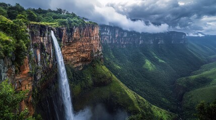 Majestic waterfall cascades down cliff, lush canyon, stormy sky, nature travel