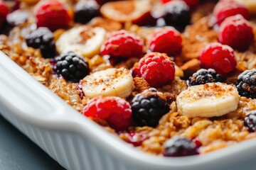 Baked oatmeal dish with berries and banana slices for a healthy breakfast