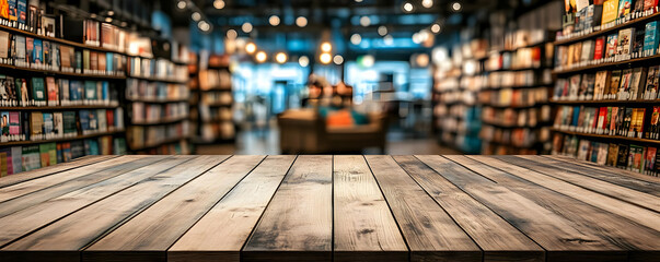 Wooden table, bookstore background