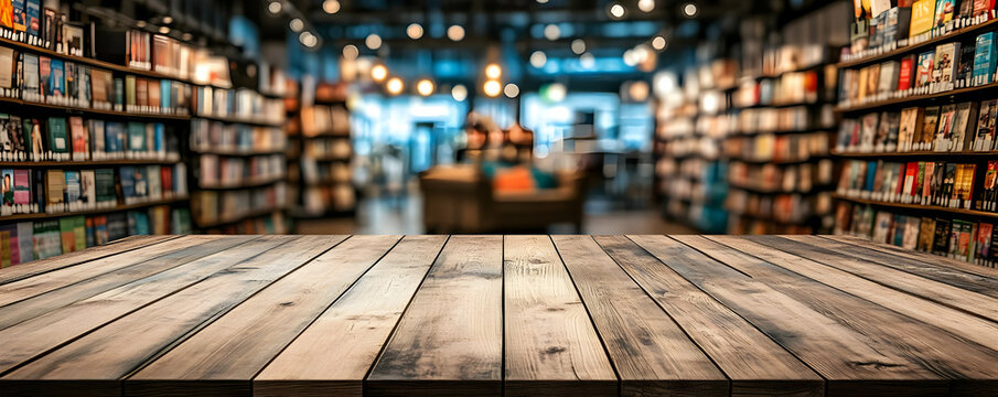 Wooden table, bookstore background