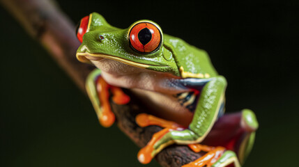 Vibrant red eyed tree frog perched on branch