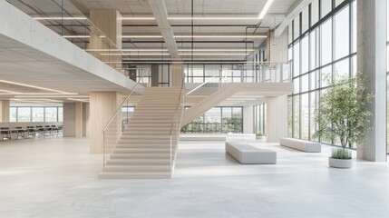 Fototapeta premium Modern Glass Walled Meeting Room with Elegant Suspended Stairs