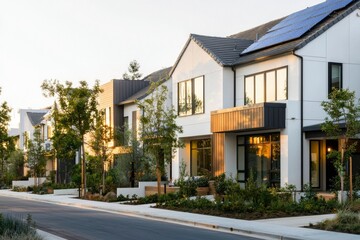 Obraz premium Suburban Street Modern homes with solar panels on the roof. Lush landscaping view