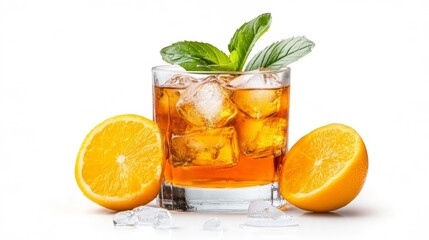 A refreshing iced drink in a glass garnished with fresh mint and orange slices on a white isolated background with ice cubes. Generative AI