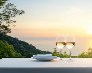 Obraz premium Romantic Sunset Dining with White Wine Glasses