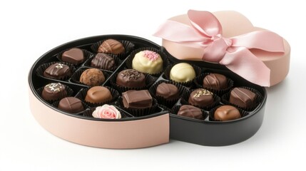 Assorted Chocolates in a Heart Shaped Box with a Pink Ribbon in a Studio Shot