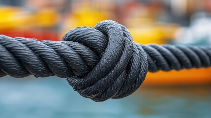 Fototapeta premium Close-up of a tight knot in a black rope outdoors, with boats in the background
