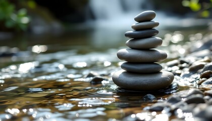 zen, stones, tall, stack, smooth, uneven, textures, rocky, edge, flowing, stream, water, ripples, reflections, sunlight, natural, gentle, base, serene, tranquil, harmony, peaceful, meditative, nature,