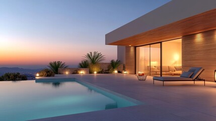 Fototapeta premium Luxury Poolside View with Sunset in a Modern Villa. Generative AI