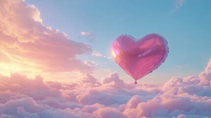 Fototapeta premium Pink Heart Balloon Floating Among Fluffy Clouds against a Pastel Sky Dreamy and Romantic Scene