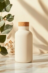Cream container with cork lid, marble table, leaf shadows. For beauty product