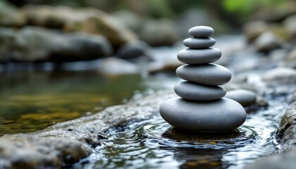 zen, stones, tall, stack, smooth, uneven, textures, rocky, edge, flowing, stream, water, ripples, reflections, sunlight, natural, gentle, base, serene, tranquil, harmony, peaceful, meditative, nature,