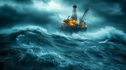 An oil rig stands alone in a turbulent sea, rusted machinery and a tilted derrick reflecting the chaos of an industrial collapse. The bright background contrasts with the bleak scene, symbolizing inst