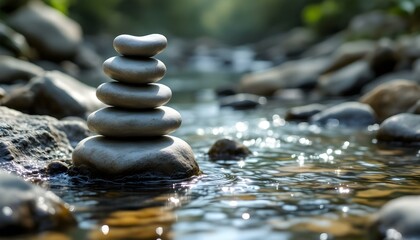 zen, stones, tall, stack, smooth, uneven, textures, rocky, edge, flowing, stream, water, ripples, reflections, sunlight, natural, gentle, base, serene, tranquil, harmony, peaceful, meditative, nature,