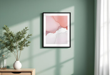 Obraz premium A photo frame displaying an abstract painting on a clean green-colored wall with a vase and soft lighting