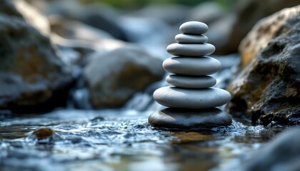 zen, stones, tall, stack, smooth, uneven, textures, rocky, edge, flowing, stream, water, ripples, reflections, sunlight, natural, gentle, base, serene, tranquil, harmony, peaceful, meditative, nature,