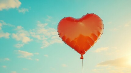 Fototapeta premium Red Heart Shaped Balloon Floating in a Blue Sky with Scattered Clouds Represents Love Romance and Celebration