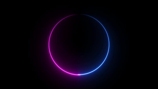 Glowing neon color circle motion background animation on black background.