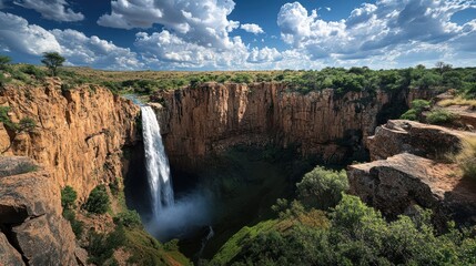 Majestic waterfall cascading into a canyon, vibrant greenery, sunny sky, travel poster