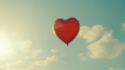 Fototapeta premium Red Heart Shaped Balloon Floating Against a Sunny Sky with Soft Clouds for Celebration