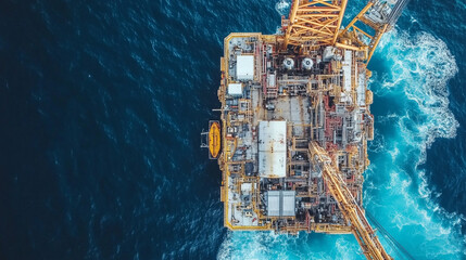 An oil rig stands alone in a turbulent sea, rusted machinery and a tilted derrick reflecting the chaos of an industrial collapse. The bright background contrasts with the bleak scene, symbolizing inst