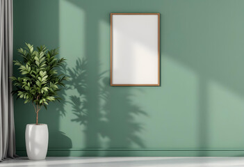 A photo frame showcasing abstract art on a modern green-colored wall with a vase and balanced lighting for elegance