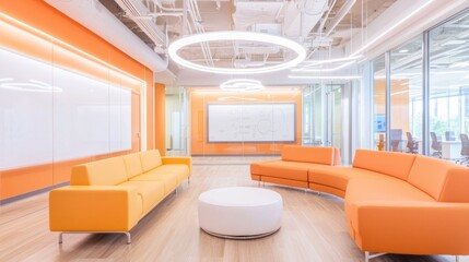 Modern Skylit Office Brainstorming Zone with Vibrant Orange Design