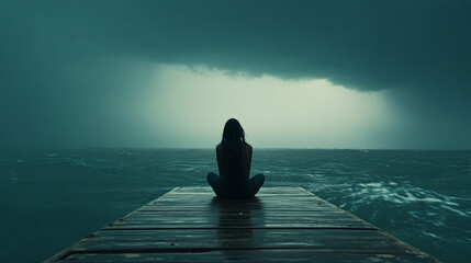A lone woman sits at the edge of a pier, her back to the camera, silhouetted against the vast ocean, embodying sadness, isolation, and introspection, surrounded by a melancholic atmosphere of chaos.

