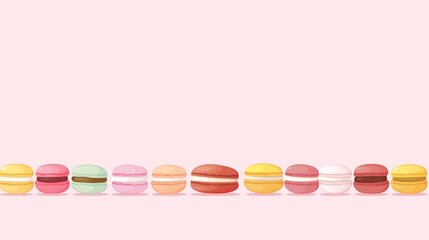 Colorful macarons in a row on pink background, food blog, recipe