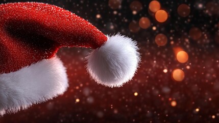 Festive Close-up of Christmas Santa Hat with Fur Trim and Snowflakes. Generative AI