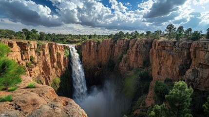 Obraz premium Waterfall plunging into canyon, sunny day, South Africa, travel