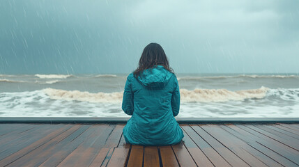 A lone woman sits at the edge of a pier, her back to the camera, silhouetted against the vast ocean, embodying sadness, isolation, and introspection, surrounded by a melancholic atmosphere of chaos.


