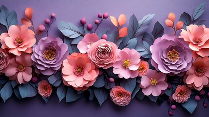 Graceful arrangement of paper pink blooms and leaves forming a delicate frame on a purple backdrop
