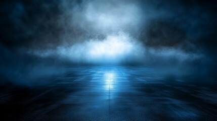 Fototapeta premium Mysterious dark blue foggy street at night with wet asphalt reflections and atmospheric mist. Empty urban road with moody lighting, perfect for product display, studio presentations, and text overlays
