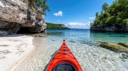 Kayaking through a pristine cove, crystal-clear water. Scenic beauty. Possible use Travel promotion
