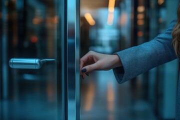 Businesswoman Entering Office through Automatic Door with Mobile App