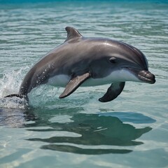 Naklejka premium A baby dolphin playing with a seashell in shallow water.