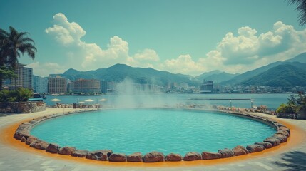 Coastal outdoor hot spring pool with city view