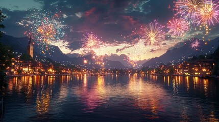Colorful Fireworks Over Serene Lake at Dusk