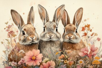 Fototapeta premium Whimsical Watercolor Rabbits with Vibrant Flowers for Nursery Decor in Spring Themes