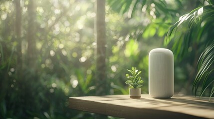 Smart Speaker in Tropical Garden Setting.