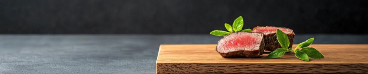 Freshly Sliced Meat with Herbs on Wooden Cutting Board