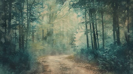 Fototapeta premium A painting of a path winding through a forest.