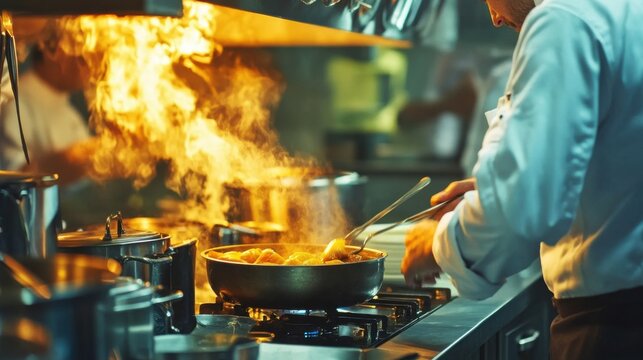 A close-up of a chef in a busy restaurant kitchen, focused on preparing a gourmet dish, Restaurant kitchen scene