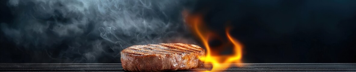 Fototapeta premium Juicy Steak Cooking Over Flames on a Grill