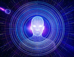 Futuristic AI Digital Human with Glowing Eyes and Neural Network Circuits